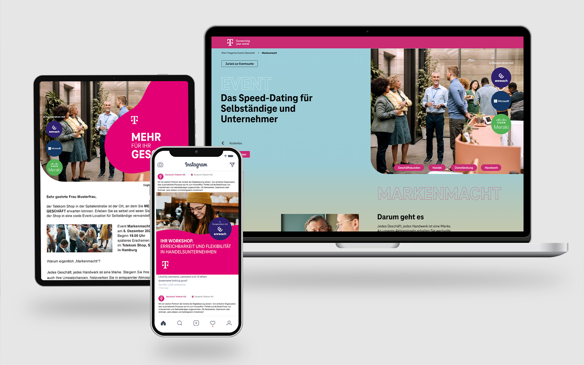 Mobile Endgeräte mit der Abbildung der Website zum Telekom Markenmacht Event in Hamburg